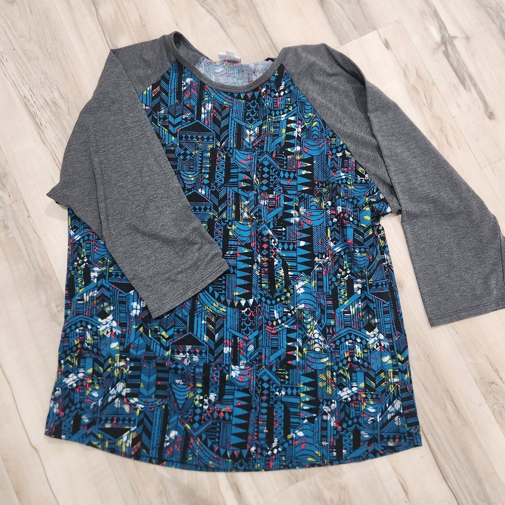 Lularoe Randy Baseball Tee 3XL Blue Geometric Print Gray Raglan 3/4 Sleeve